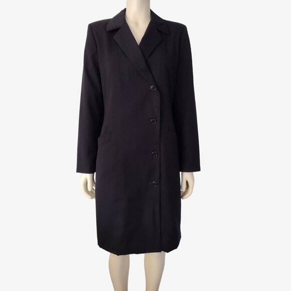 Harve Benard Jackets & Blazers - Vintage 1990s Havre Bernard Black Asymmetric 100% Wool Long Fitted Coat